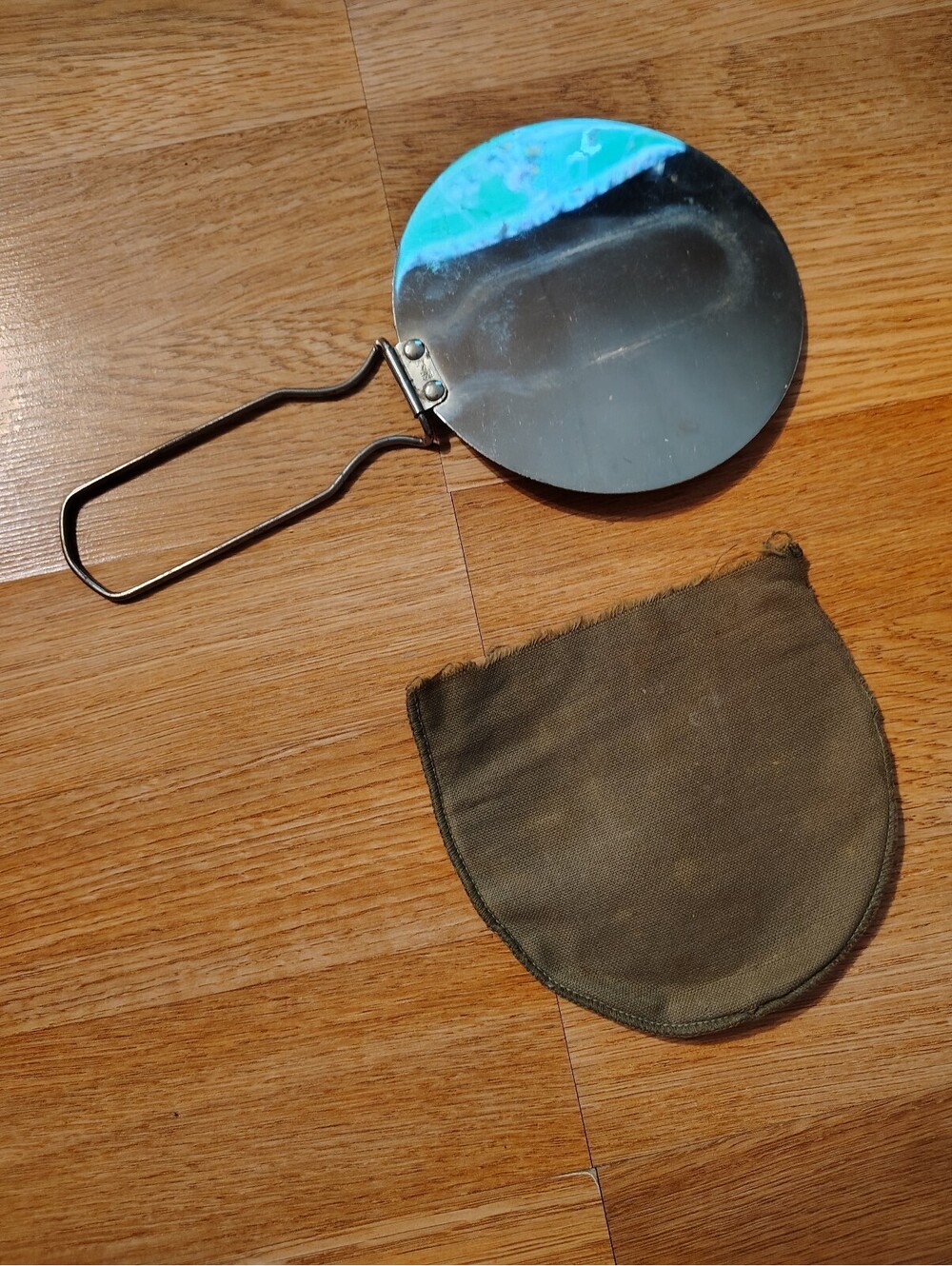 Vintage military-style steel trench mirror & cloth pouch